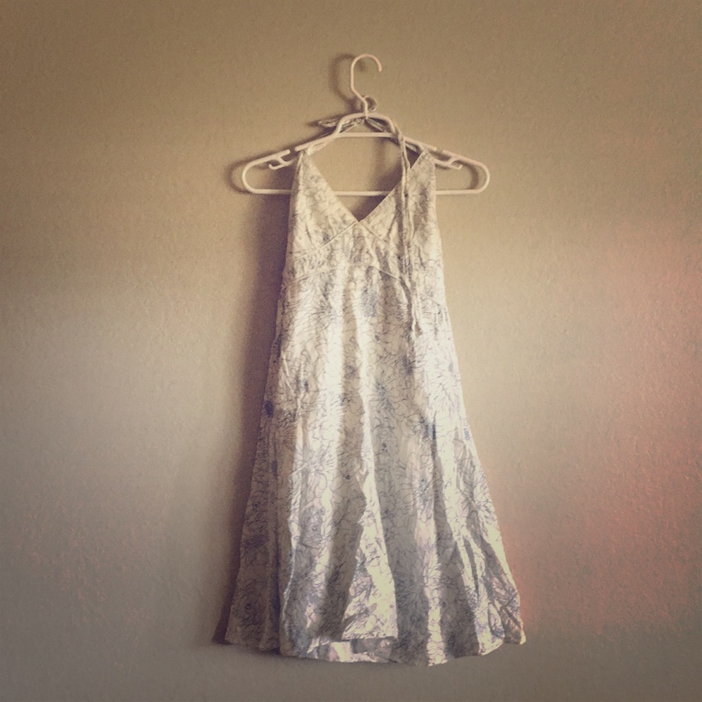 Blue Sketched Flowers on White Halter Dress Small